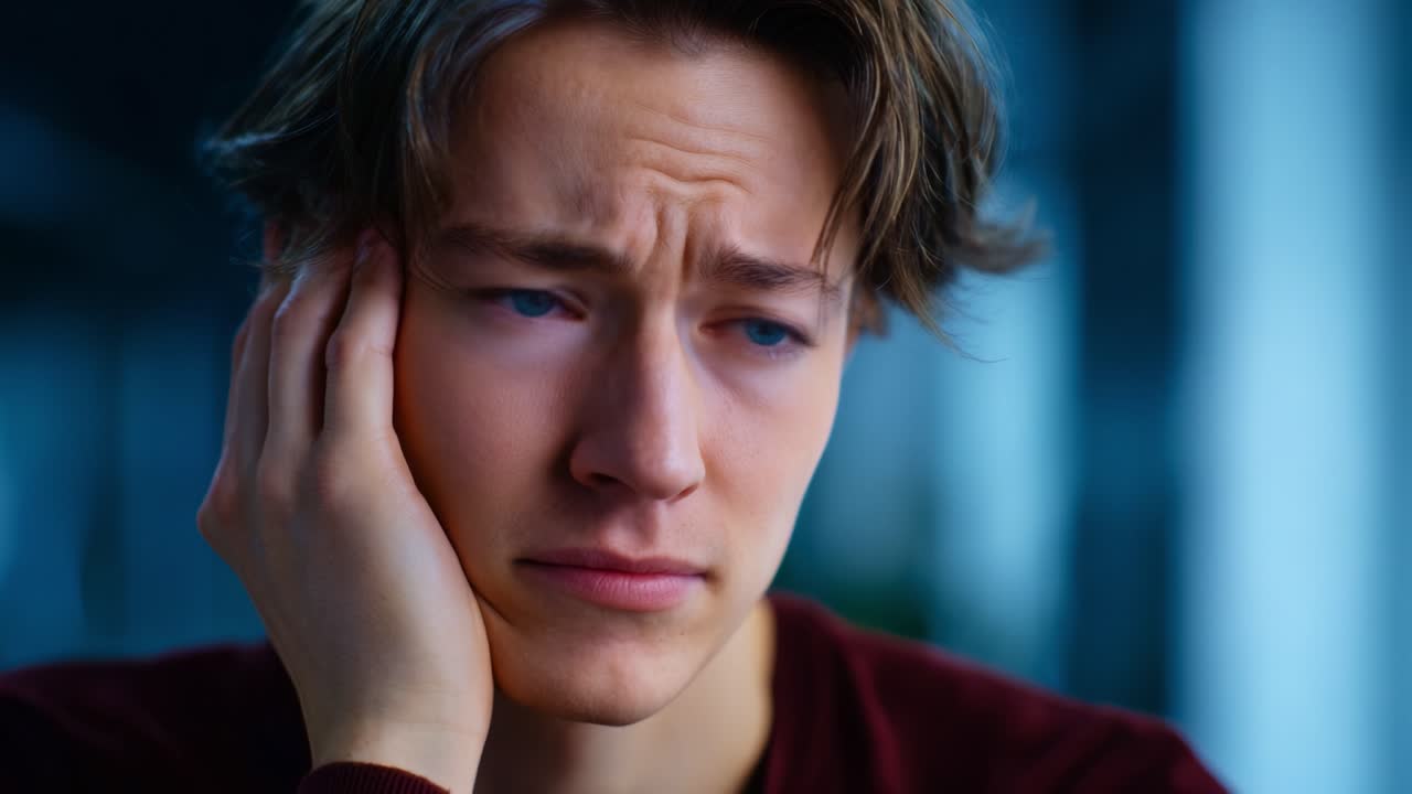 Un giovane uomo esprime una profonda angoscia emotiva, lottando con sentimenti di tristezza e vulnerabilità in un momento contemplativo catturato in una luce soffusa e naturale