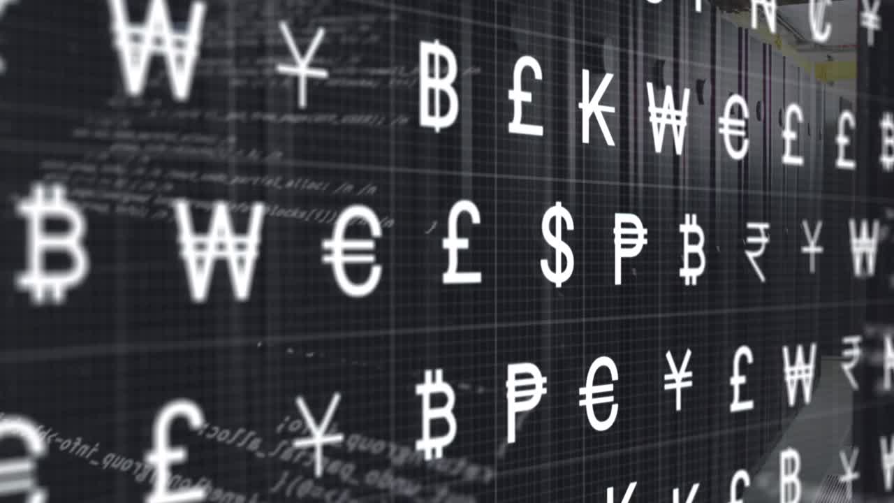 A server room with rows of currency symbols moving across the screen