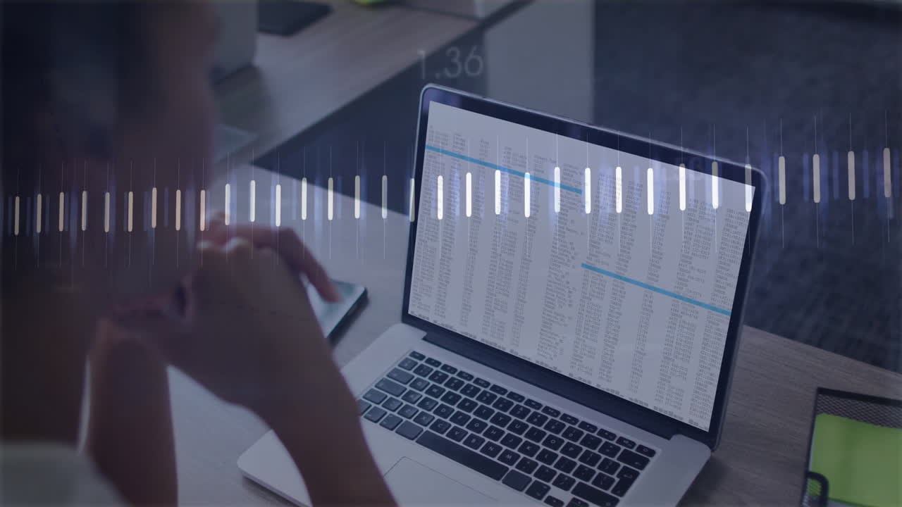 Person analyzing data on laptop with sound wave animation overlay