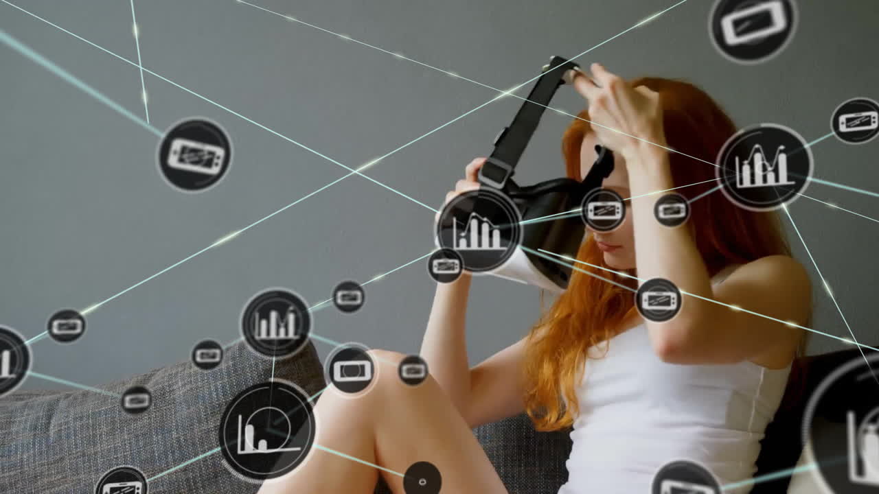 animación de la red de conexiones con iconos sobre mujer caucásica con auriculares vr
