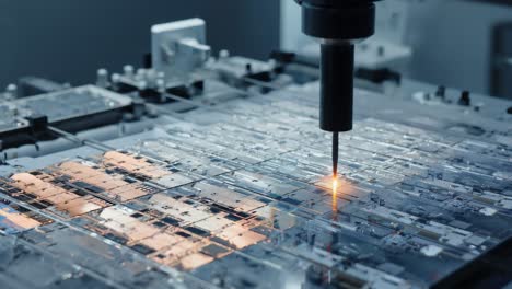 precision robotic arm performing intricate laser welding of electronic components onto advanced semiconductor circuit board within automated manufacturing environment