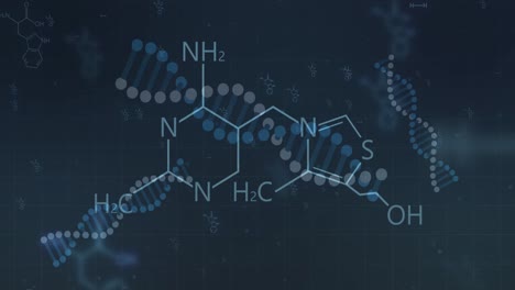 Element-structure-over-rotating-dna-strands-on-black-background