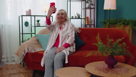 Feliz-Abuela-Mayor-Sosteniendo-Un-Teléfono-Inteligente-Viendo-Videollamadas-Móviles-En-Línea-Haciendo-Selfie-En-Casa