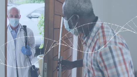animación de cadena de adn sobre un hombre afroamericano de alto nivel abriendo la puerta para un médico caucásico