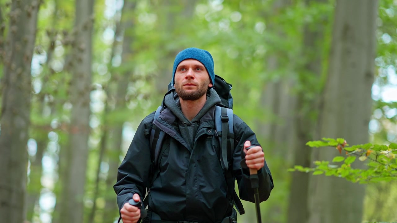 Man Hiking with Backpack and Trekking Poles in a Green Forest