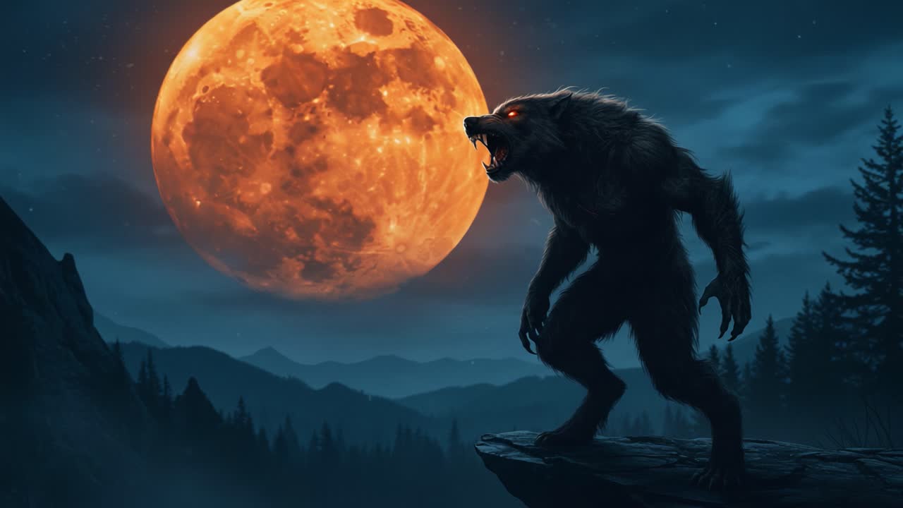 A fearsome werewolf stands atop a rocky ledge under a glowing full moon, howling defiantly in the night, surrounded by a dark, mysterious forest landscape