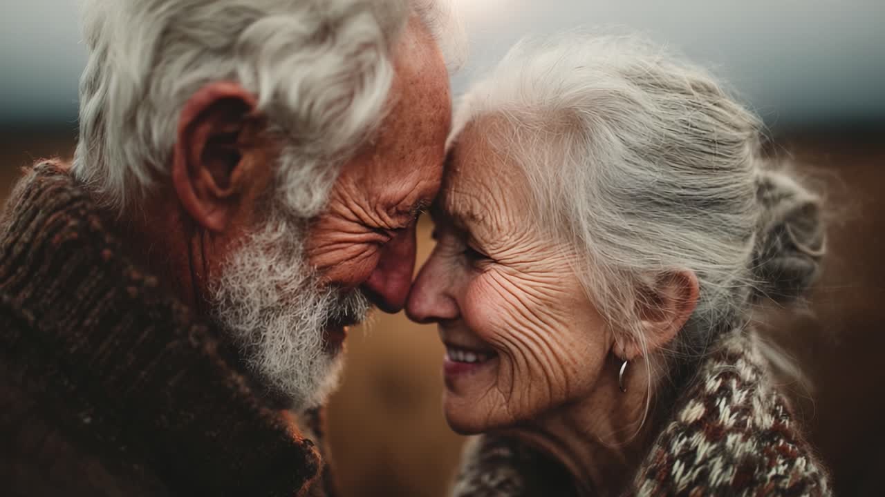 Un momento toccante di connessione: una coppia anziana che si scambia un tenero tocco sulla fronte, a simboleggiare amore e compagnia nei loro anni d'oro.