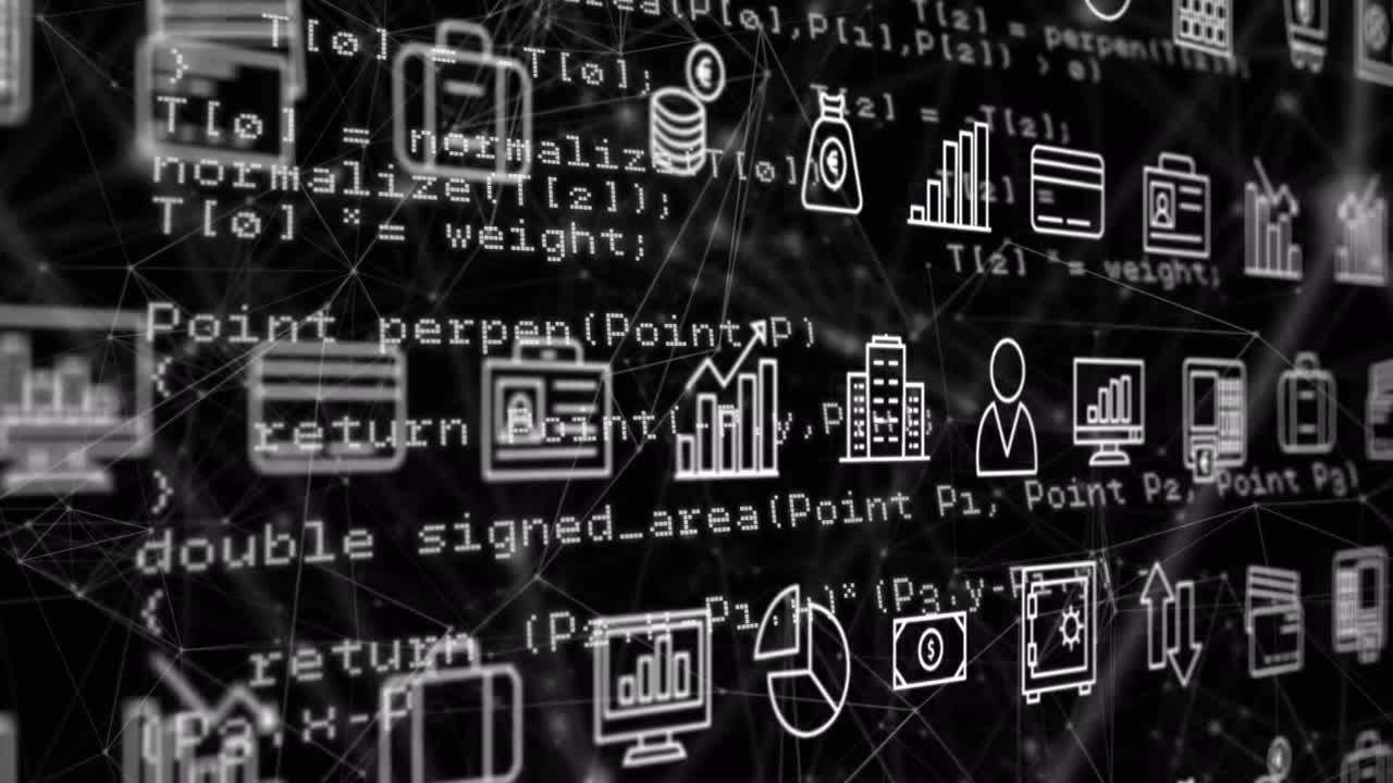 Animation of interface with multiple digital icons, data processing and network of connections