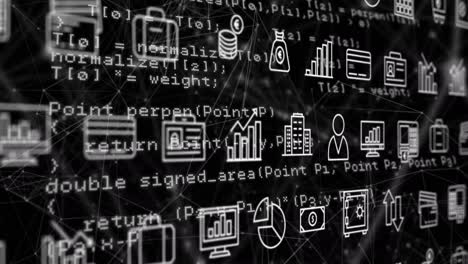 animación de la interfaz con múltiples iconos digitales, procesamiento de datos y red de conexiones