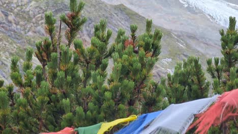 close up of worn out nepalese prayer flags in the wind with tilt up to a huge remote glacier