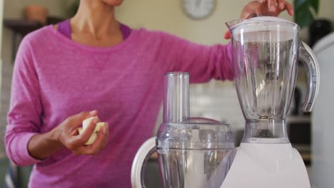 mujer de raza mixta poniendo frutas picadas en la máquina de jugo en la cocina en casa