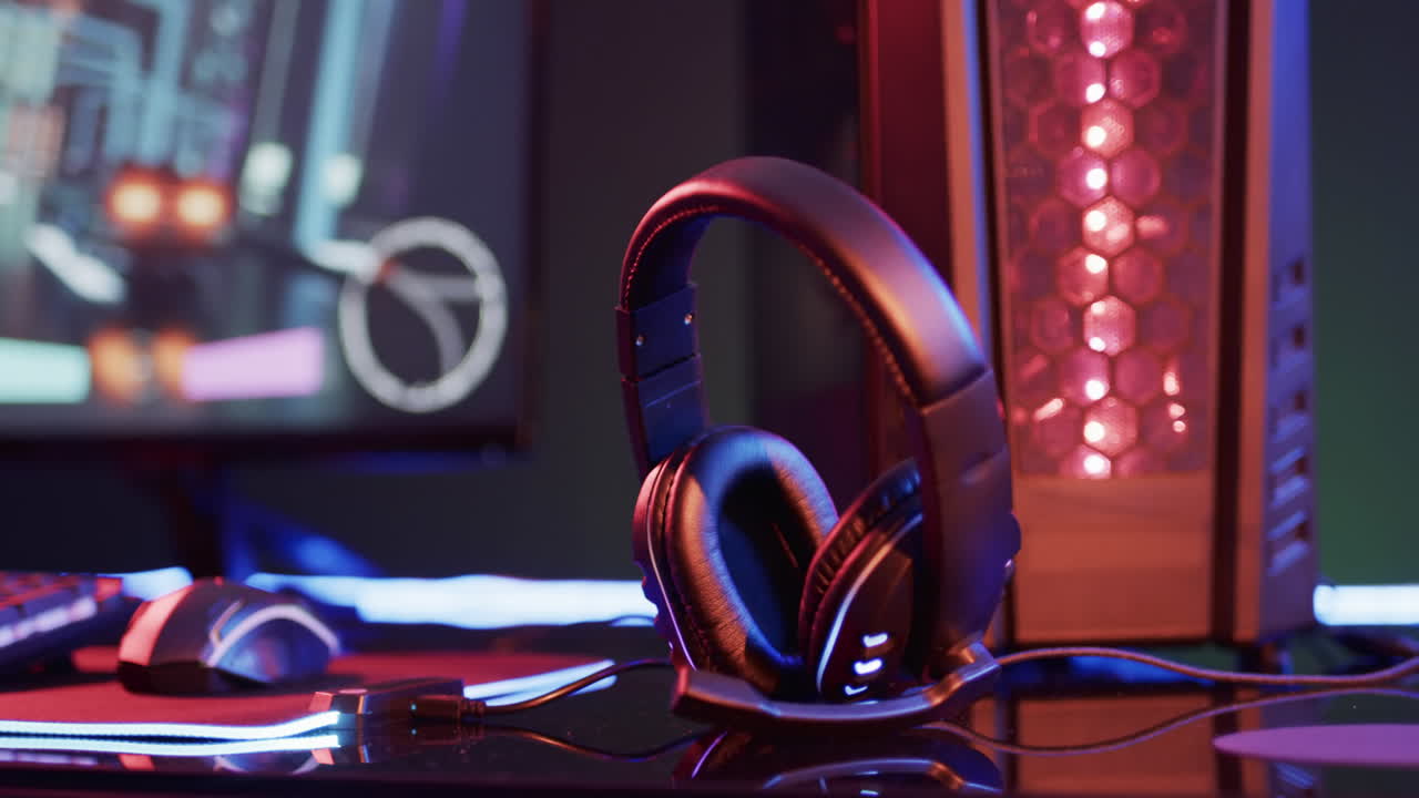 Video of computer and gaming equipment on desk with copy space on neon background