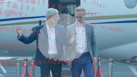 globe and data processing over two caucasian businessmen talking while walking on airport runway