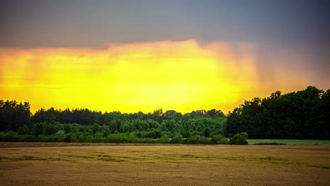 Time-lapse-shot-of-moving-clouds-against-yellow-sunny-sky-over-harvested-wheat-field-and-forest