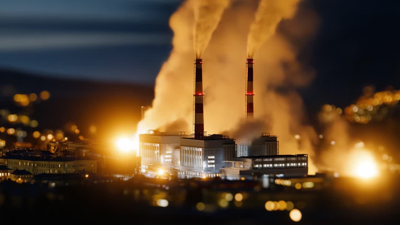 Una vista maestosa di una centrale elettrica al tramonto, illuminata dal fumo denso e dalle luci brillanti delle sue imponenti ciminiere, che mette in risalto la bellezza industriale e la produzione di energia.