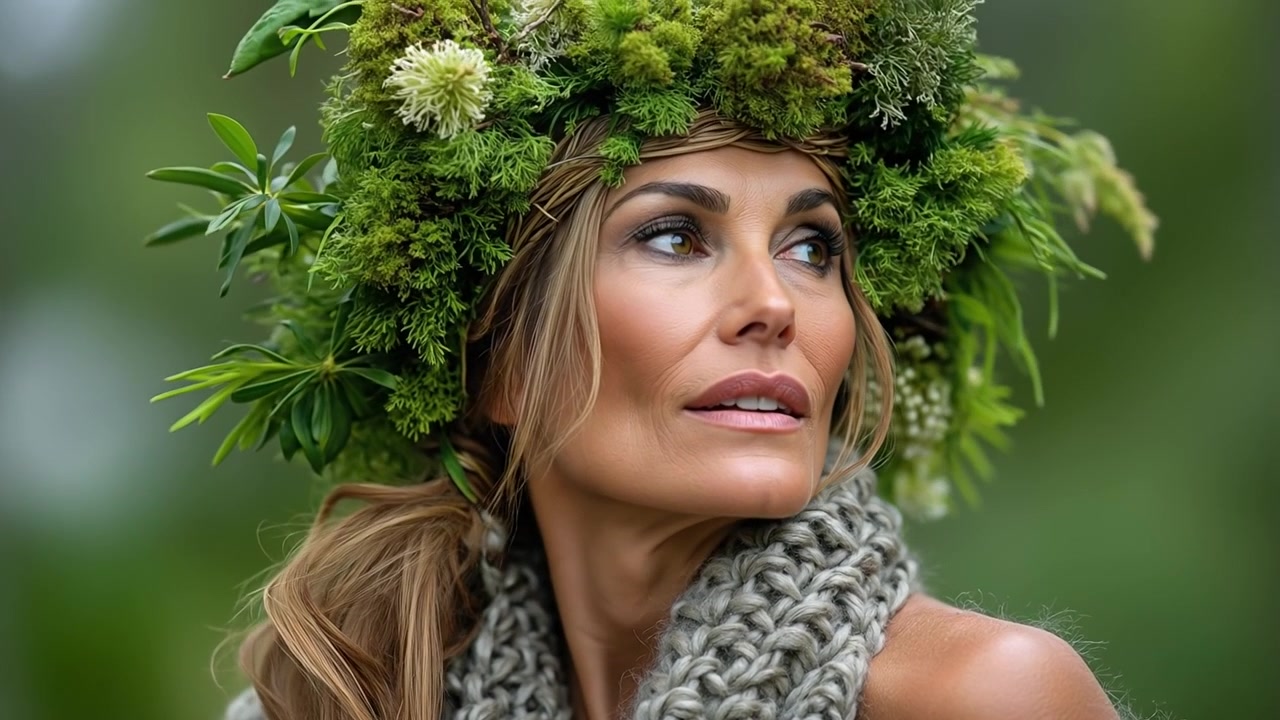 Bella donna matura che indossa una grande corona verde in testa e guarda altrove.