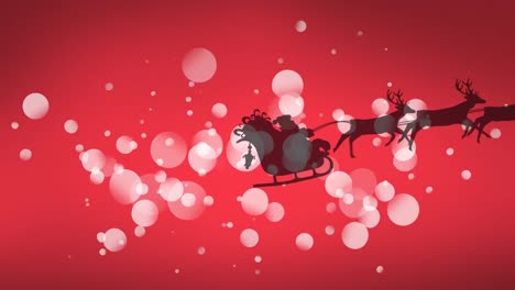 White-spots-of-light-over-santa-claus-in-sleigh-being-pulled-by-reindeers-on-red-background