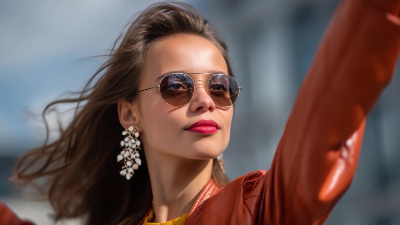 Giovane donna elegante con occhiali da sole e orecchini che posa con sicurezza all'aperto contro un cielo luminoso, con una giacca marrone alla moda