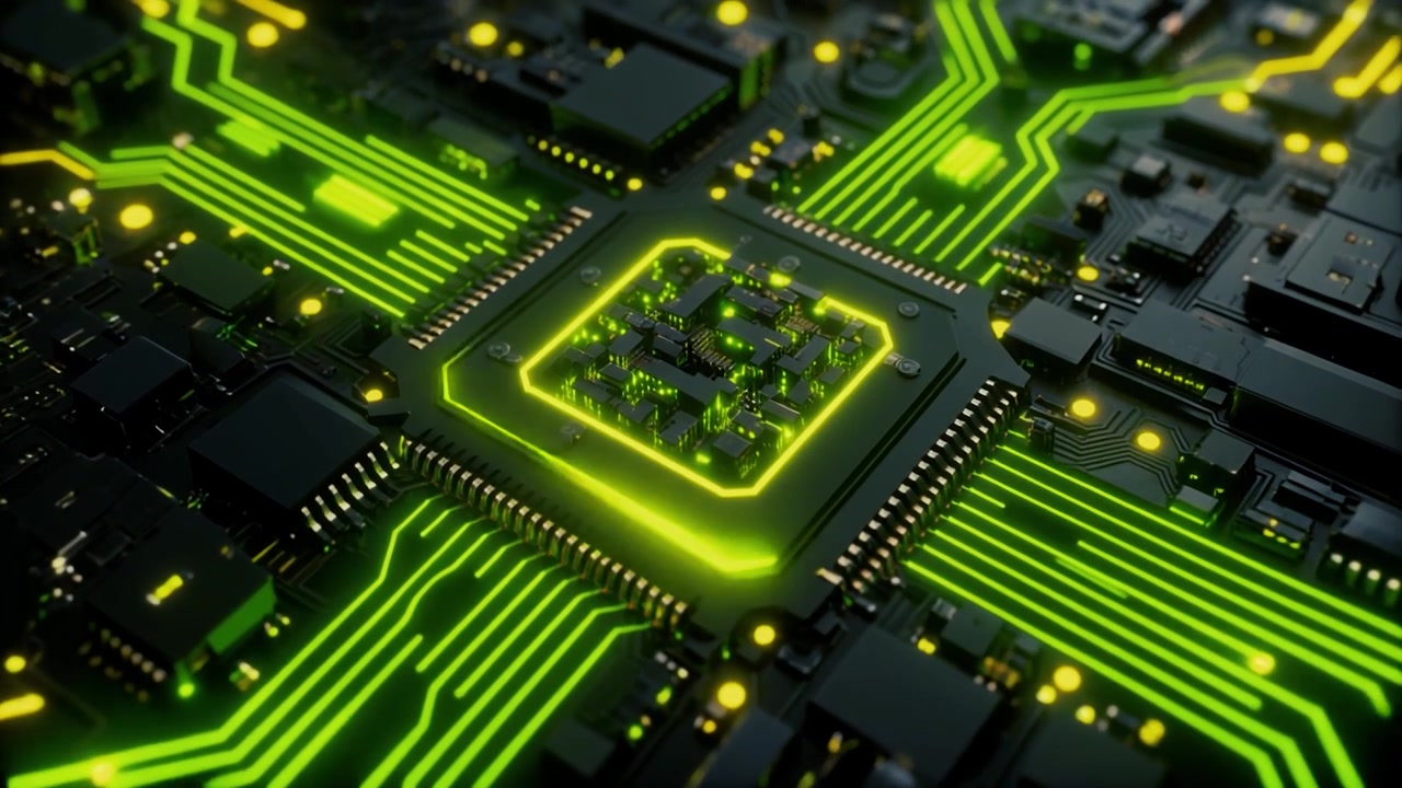 Digital processorchip med glødende grønt dataflow på printplade
