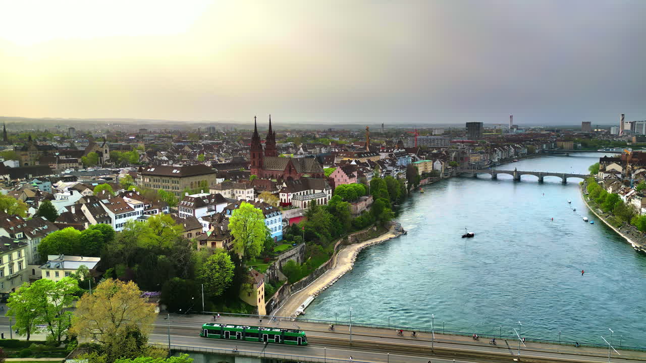 Aerial, drone view of Basel and River Rhine in Switzerland