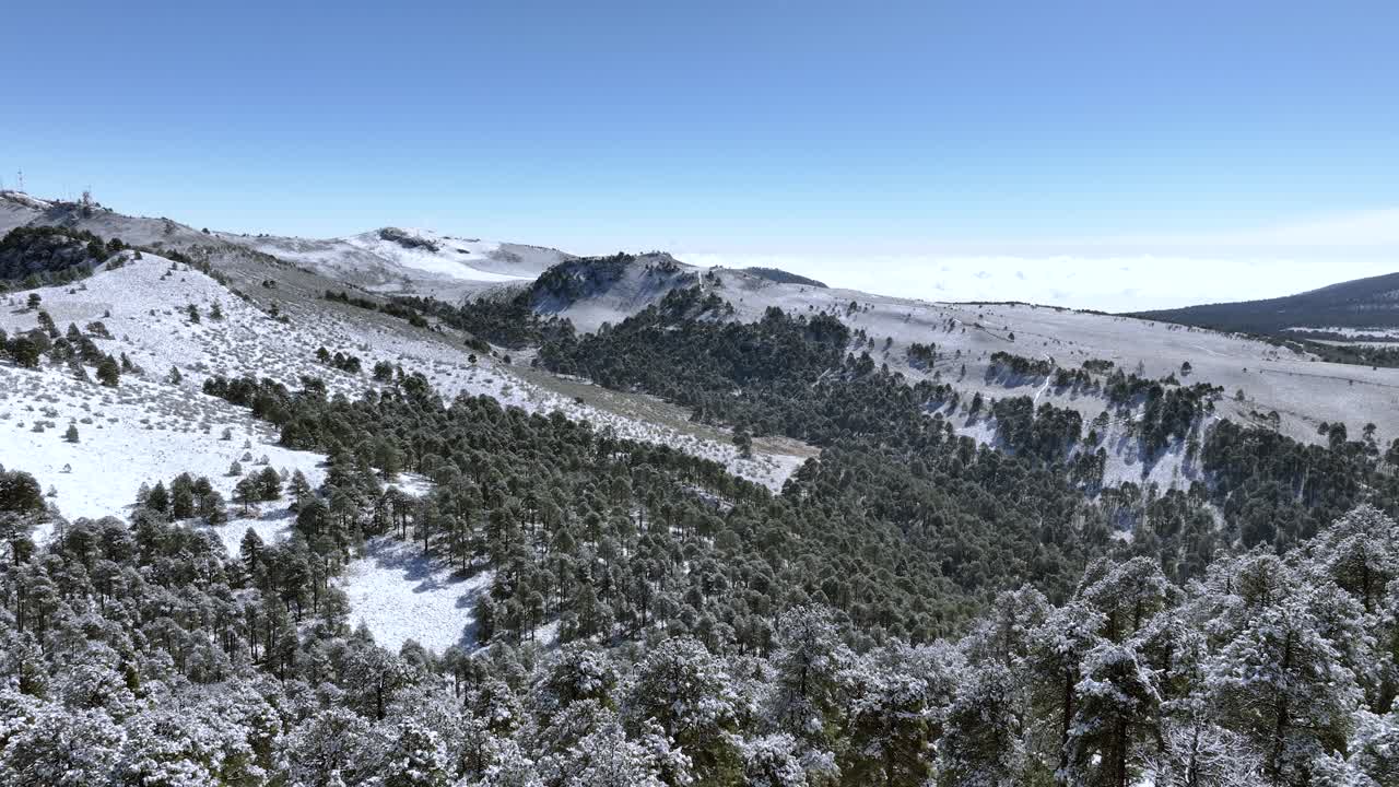 Aerial panoramic video of the Izta-Popo National Park in Mexico, after the snowfall, the whole landscape is covered in snow