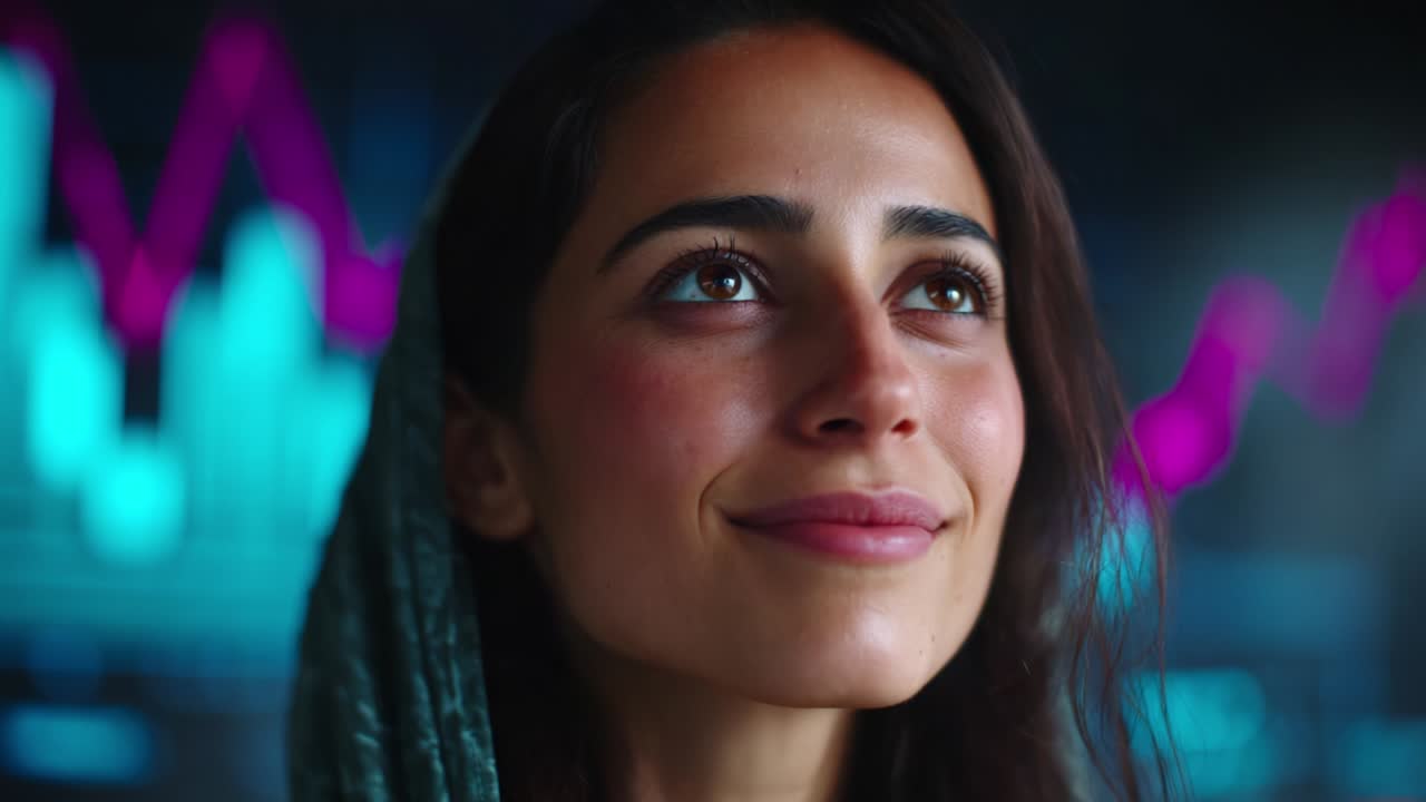 Inspiring Portrait of a Thoughtful Woman Gazing Upwards Against a Background of Graphs and Data Trends, Reflecting Hope and Ambition in a Modern Context of Analytics and Personal Growth