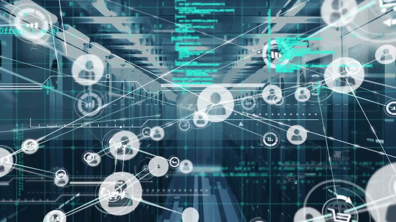 Animation of network of connections over data processing and server room