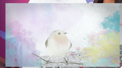 animación de pájaros y corazones sobre formas en fondo púrpura.