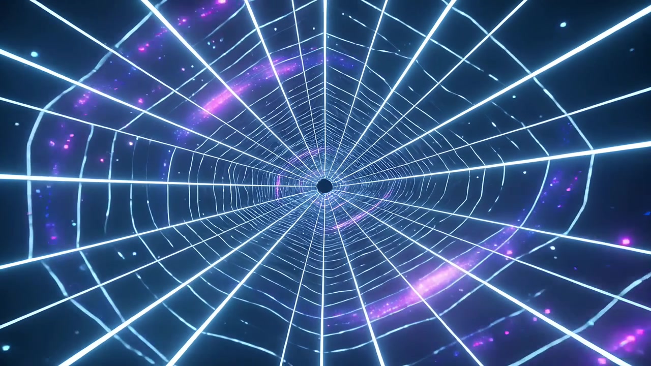 En cyan gittertunnel afspilles, der trækker beskueren gennem et indigoblåt tomrum mod et sort centrum, med tågepartikler.
