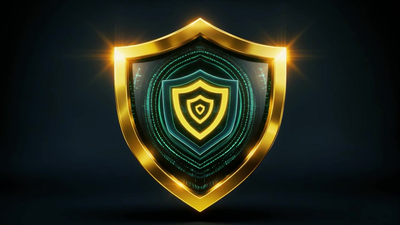 Golden Shield with Glowing Digital Data Security Animation