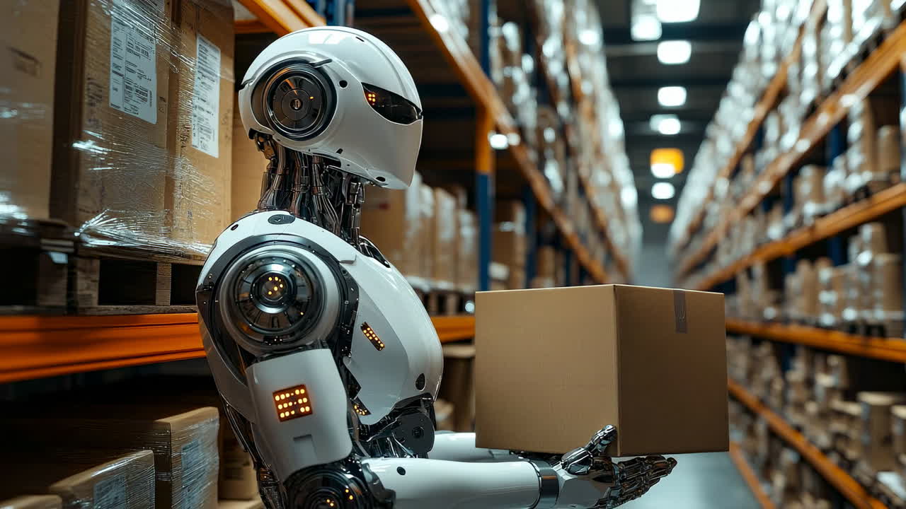 Robot sorting boxes in warehouse. A robot stands in a busy warehouse, carefully holding a cardboard box among stacked shelves filled with packages