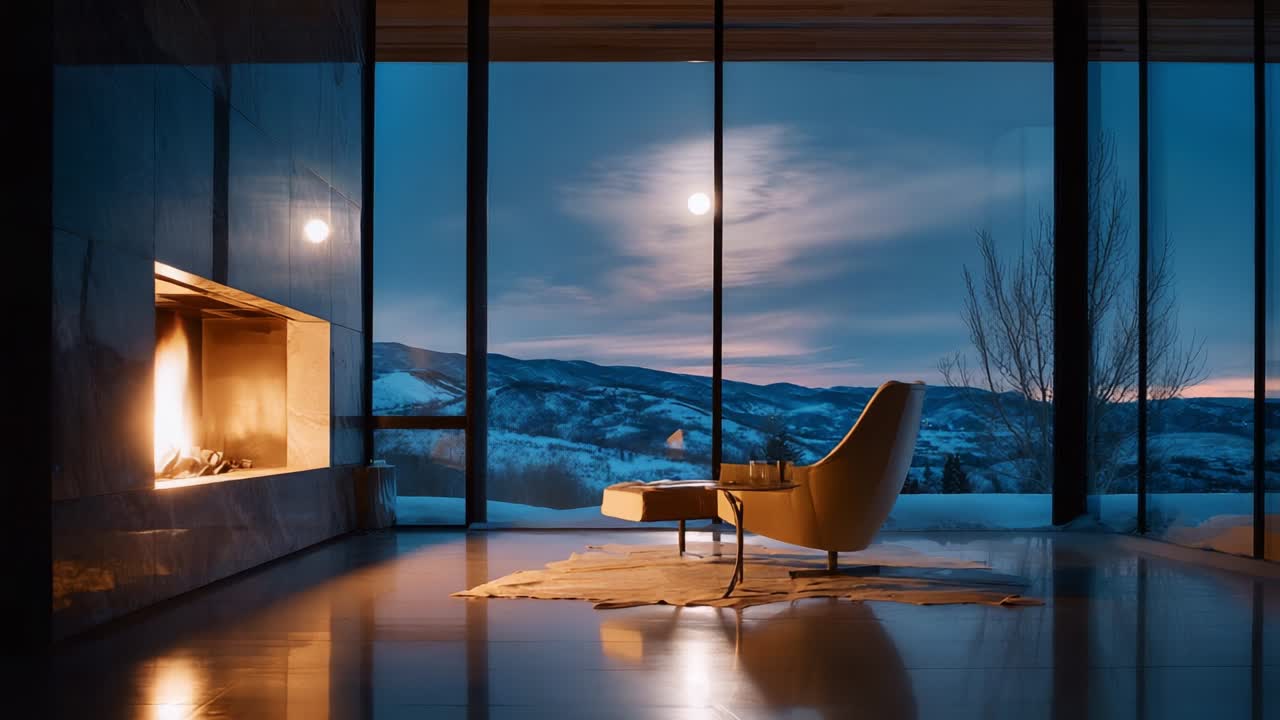 A Cozy Evening Scene Capturing a Modern Living Room with a Stunning View of Snowy Mountains Framed by Large Windows, Illuminated by a Warm Fire and Soft Moonlight, Offering a Tranquil Atmosphere