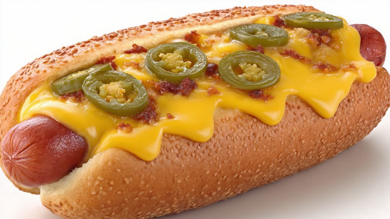 Delizioso hot dog farcito con formaggio cheddar, jalapeños e pezzetti di pancetta, perfettamente grigliato in un panino ai semi di sesamo per un morso saporito che soddisferà ogni desiderio.