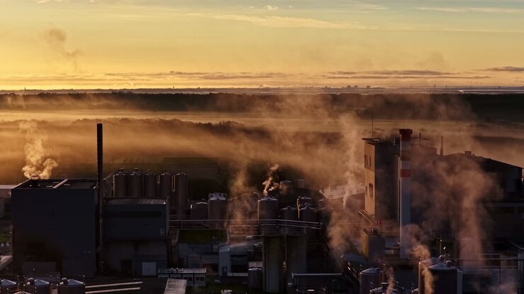 Industrial complex releasing vapor into misty sky at sunrise, symbolizing environmental impact