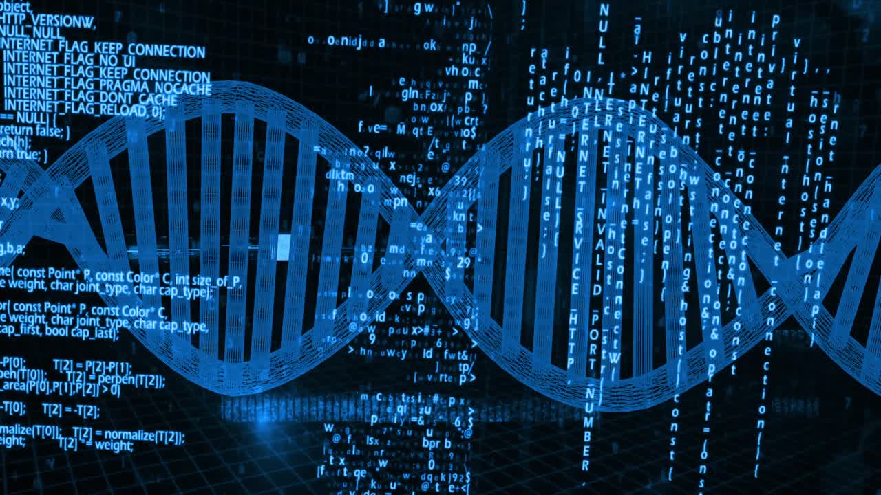 Animation of dna strand and data processing on black background