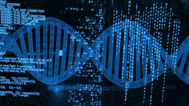 Animation of dna strand and data processing on black background