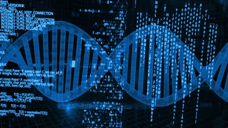 animation of dna strand and data processing on black background