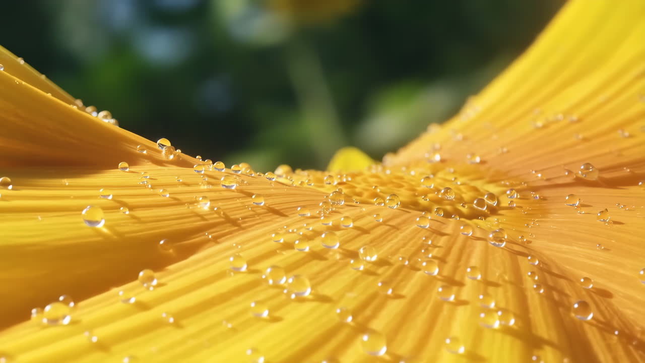 Primo Piano di un Petalo di Fiore Giallo con Goccioline d'Acqua