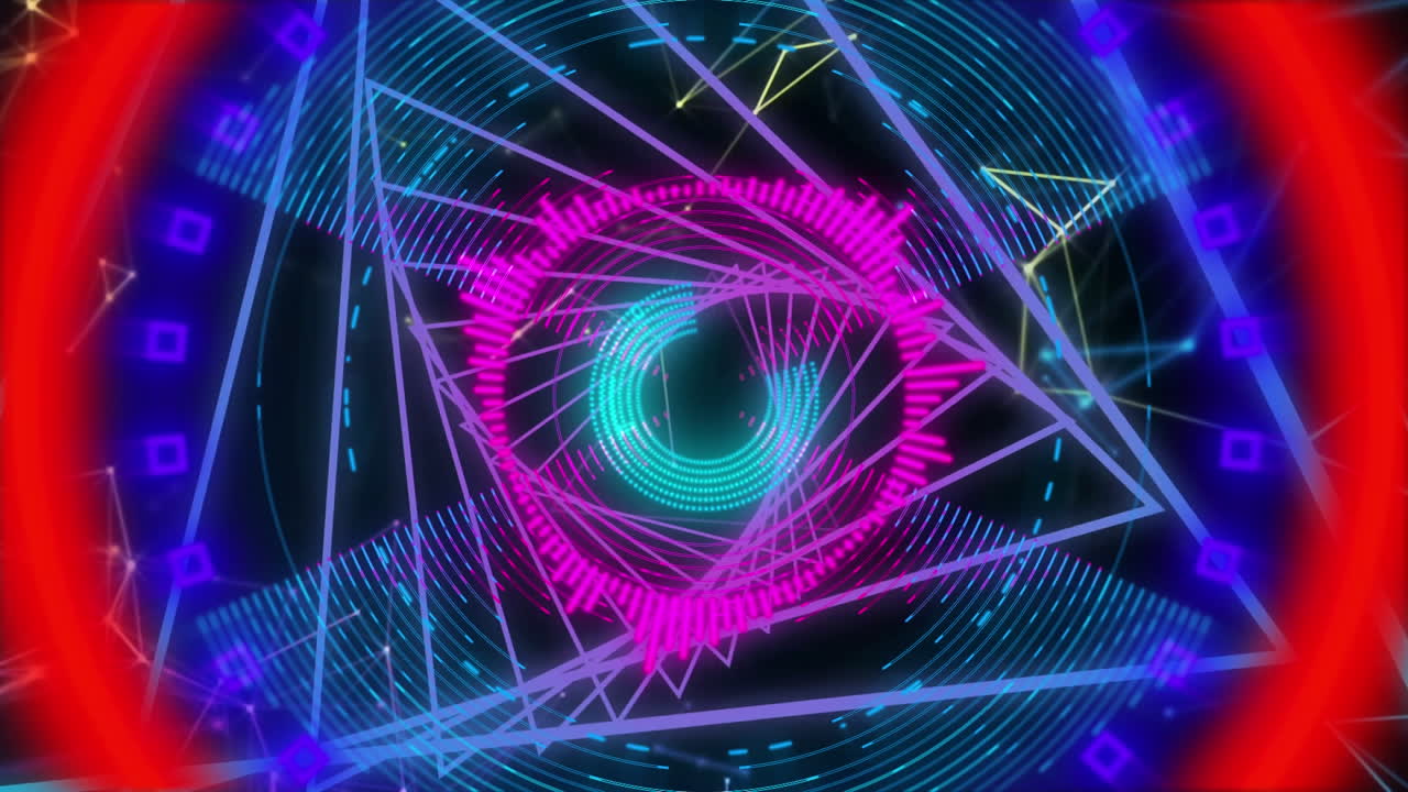 Colourful shapes rotating on black background