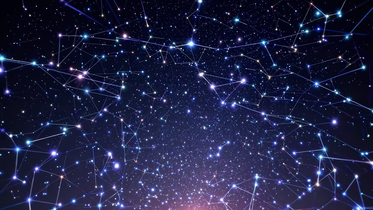 A cosmic network of glowing constellations fills the frame, viewed from a low angle