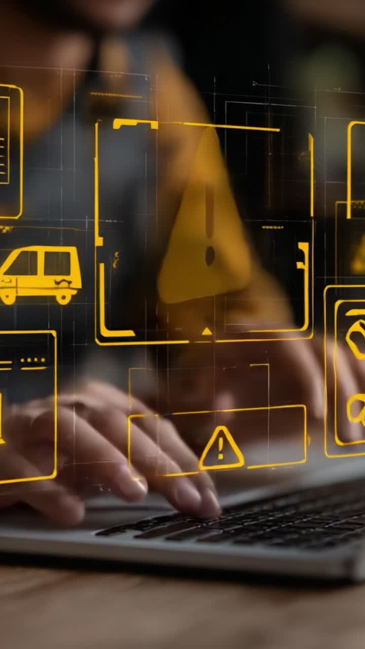 Warning Icons Overlay on Laptop Screen: User Engaged in Problem Solving with Alert Signals and Digital Visuals for Enhanced Communication and Decision Making
