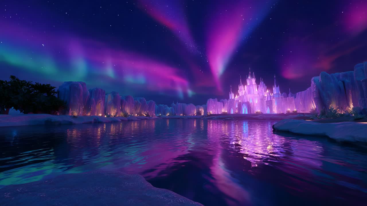 A mesmerizing display of vibrant northern lights dances over a majestic ice castle, reflecting off tranquil waters, creating a breathtaking spectacle full of color and wonder in a surreal nighttime landscape