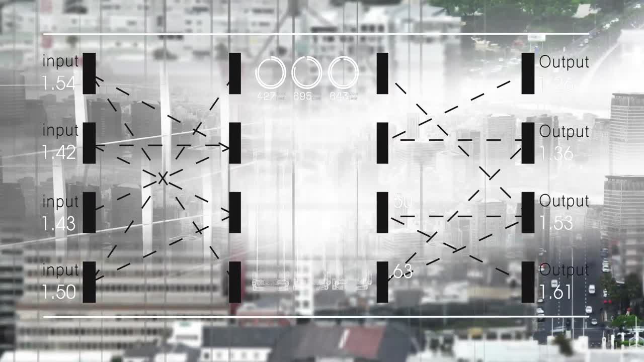 도시 풍경 위의 데이터 처리 애니메이션