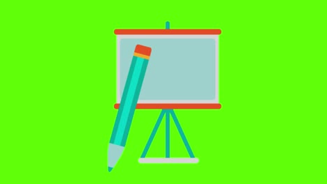 pizarra con un lápiz; icono de dibujos animados de caballete blanco en el fondo de la pantalla verde
