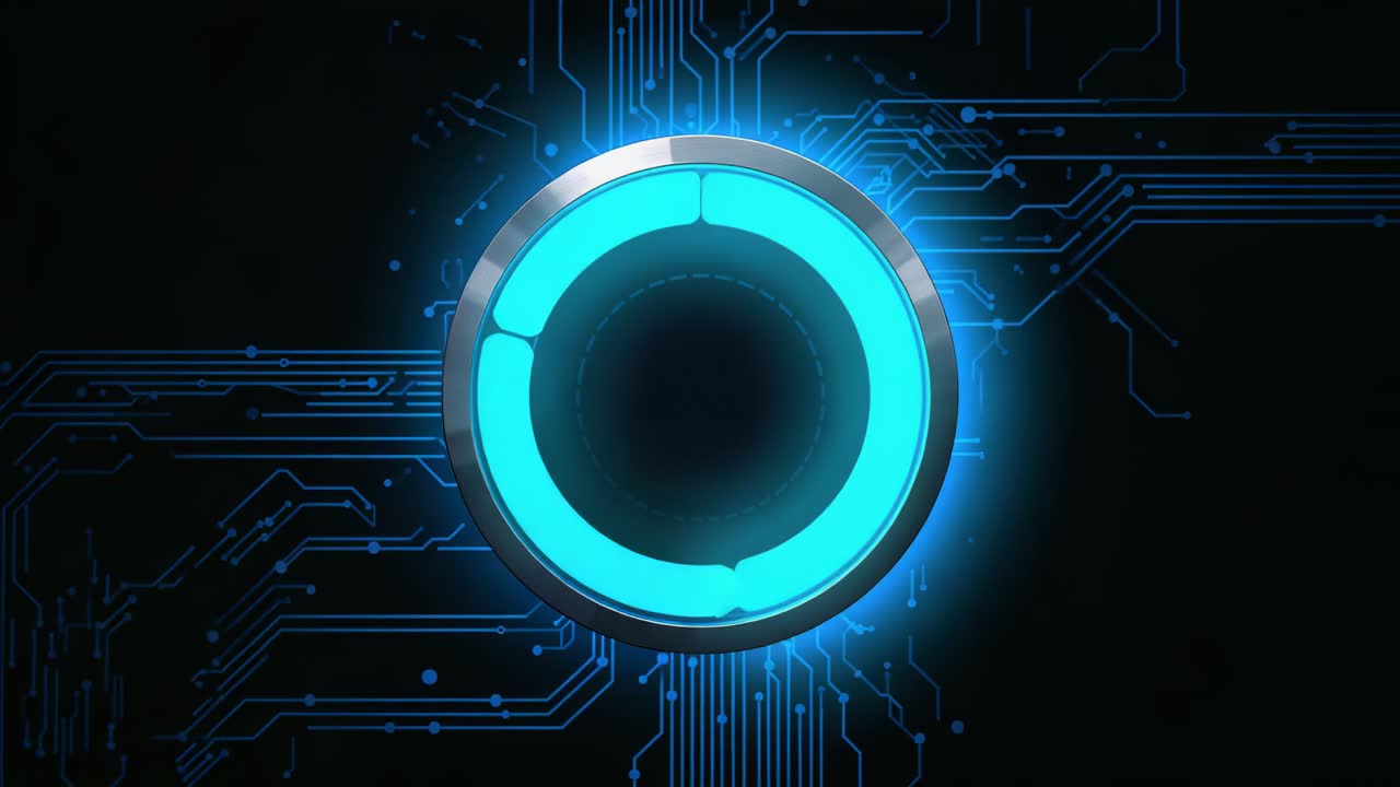 Receiving startup pulse, central metal bezel filling with cyan arcs on dark HUD with traces