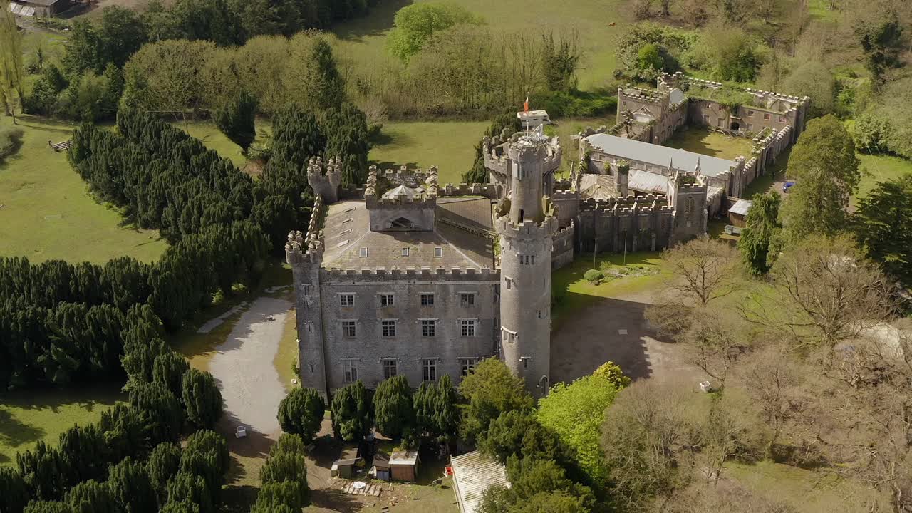 Aerial orbit of majestic Charleville Castle. Top down angled view. Tullamore