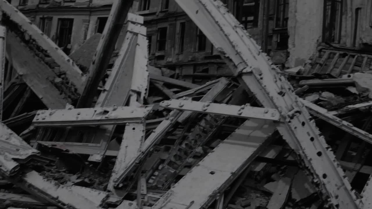 Scene captures the progression of debris from a collapsed structure, highlighting the textures of shattered materials and the chaotic aftermath of destruction