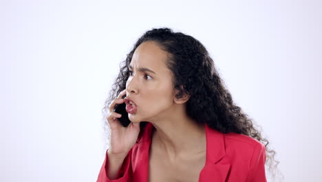 angry, screaming and annoyed woman on phone call
