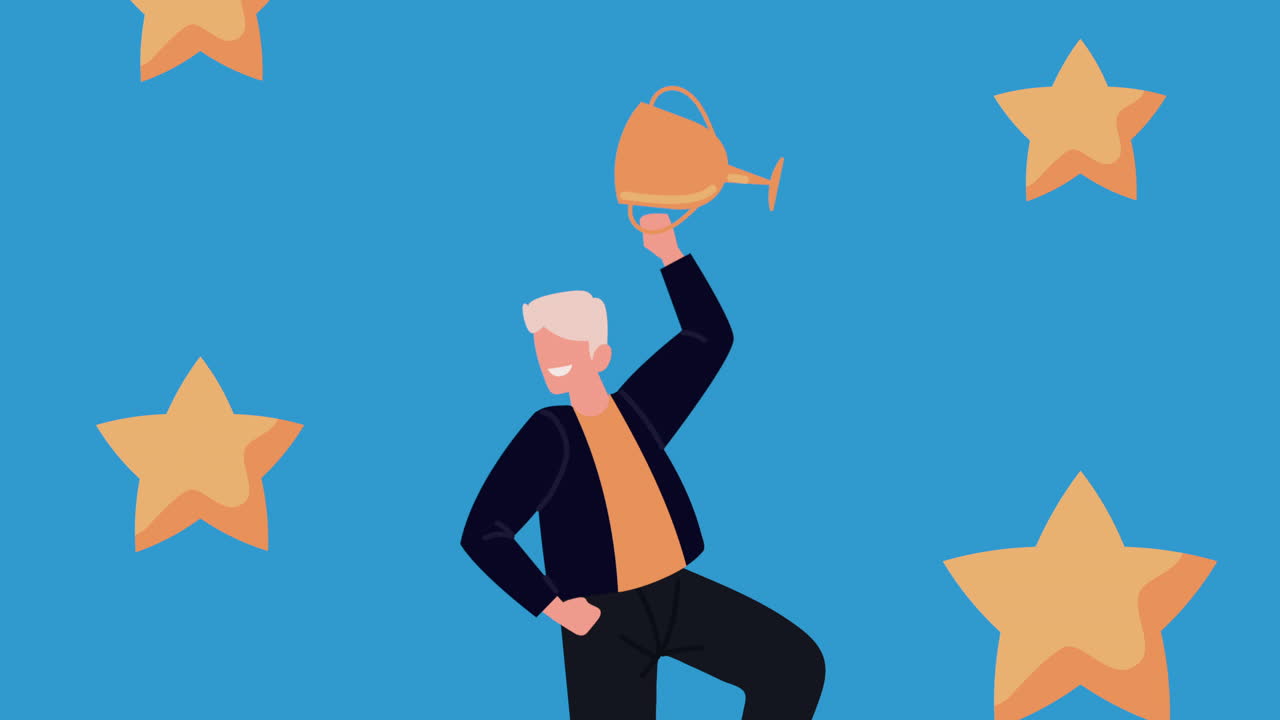 트로피 를 들고 승리를 축하 하는 사람