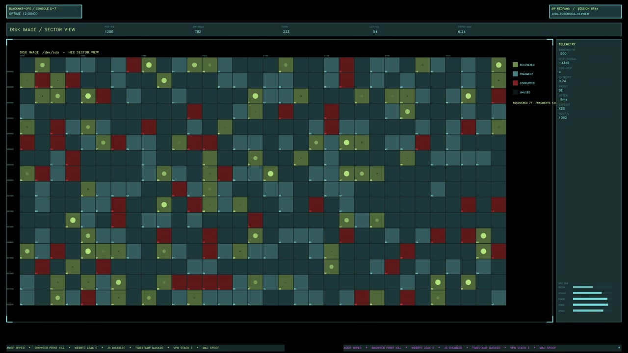A teal digital cybersecurity data panel displaying a hex sector disk image view with changing telemetry and network status. Loops seamlessly with a transparent background for compositing